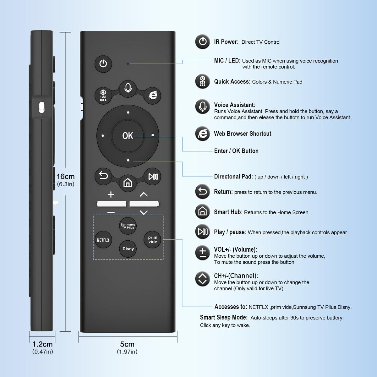 EYAIOROTES remote in a dark living room showing illuminated keys for night use