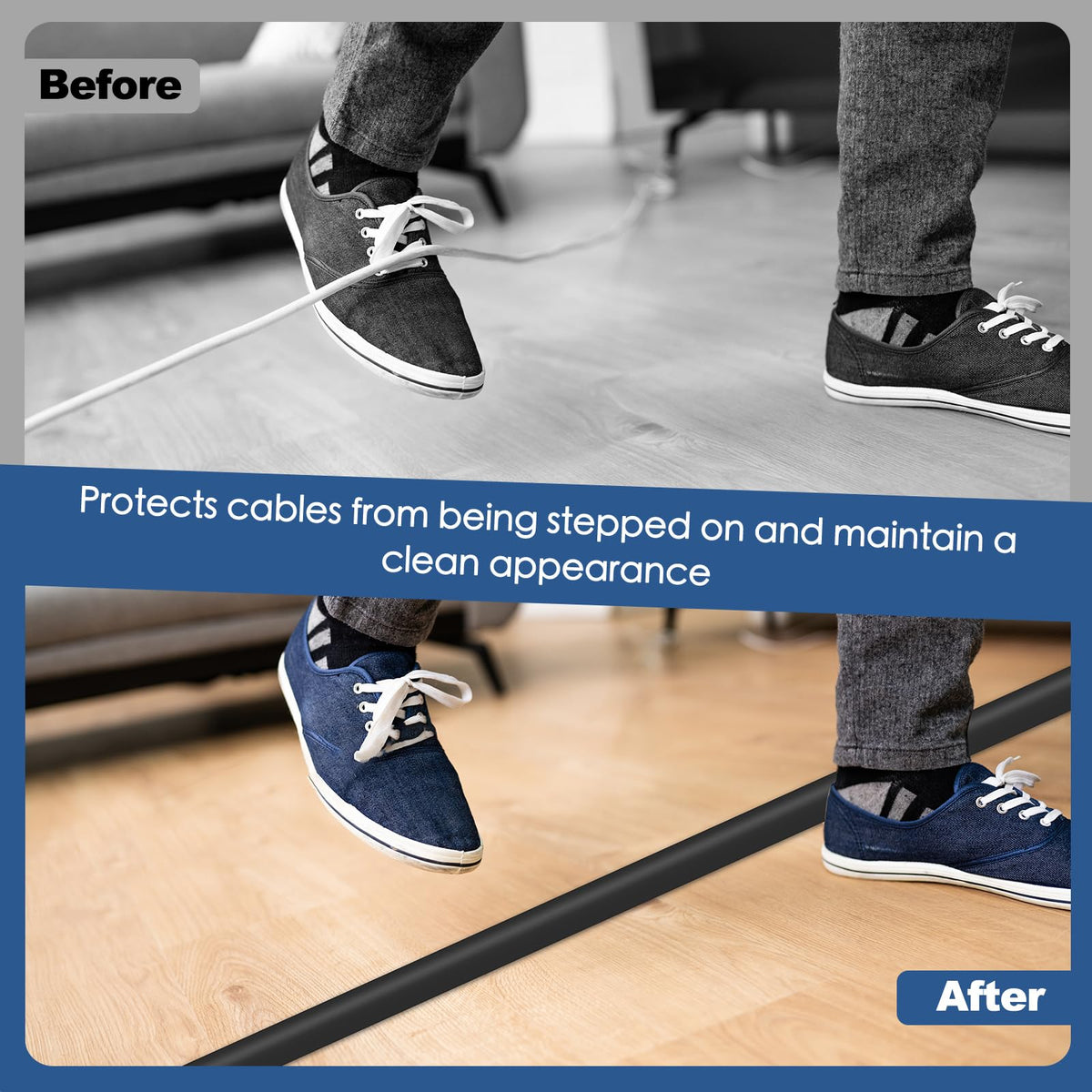EYAYEN black floor cord cover in 10 ft length keeps cables organized across rooms.