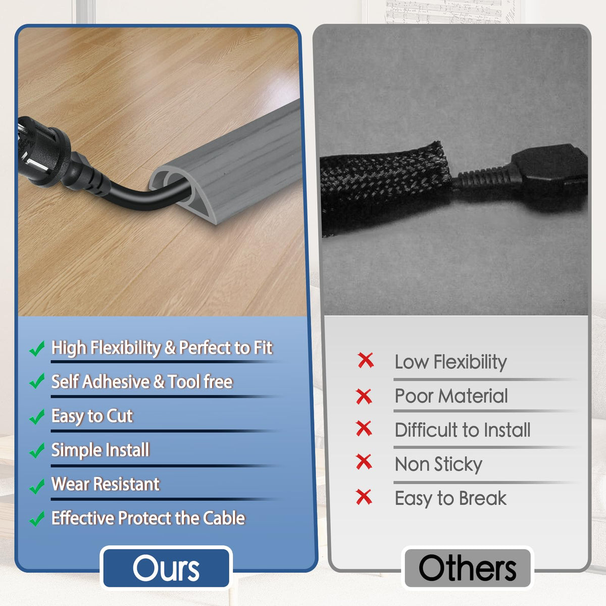 EYAYEN cord hider on the floor protects cables and reduces tripping risk.