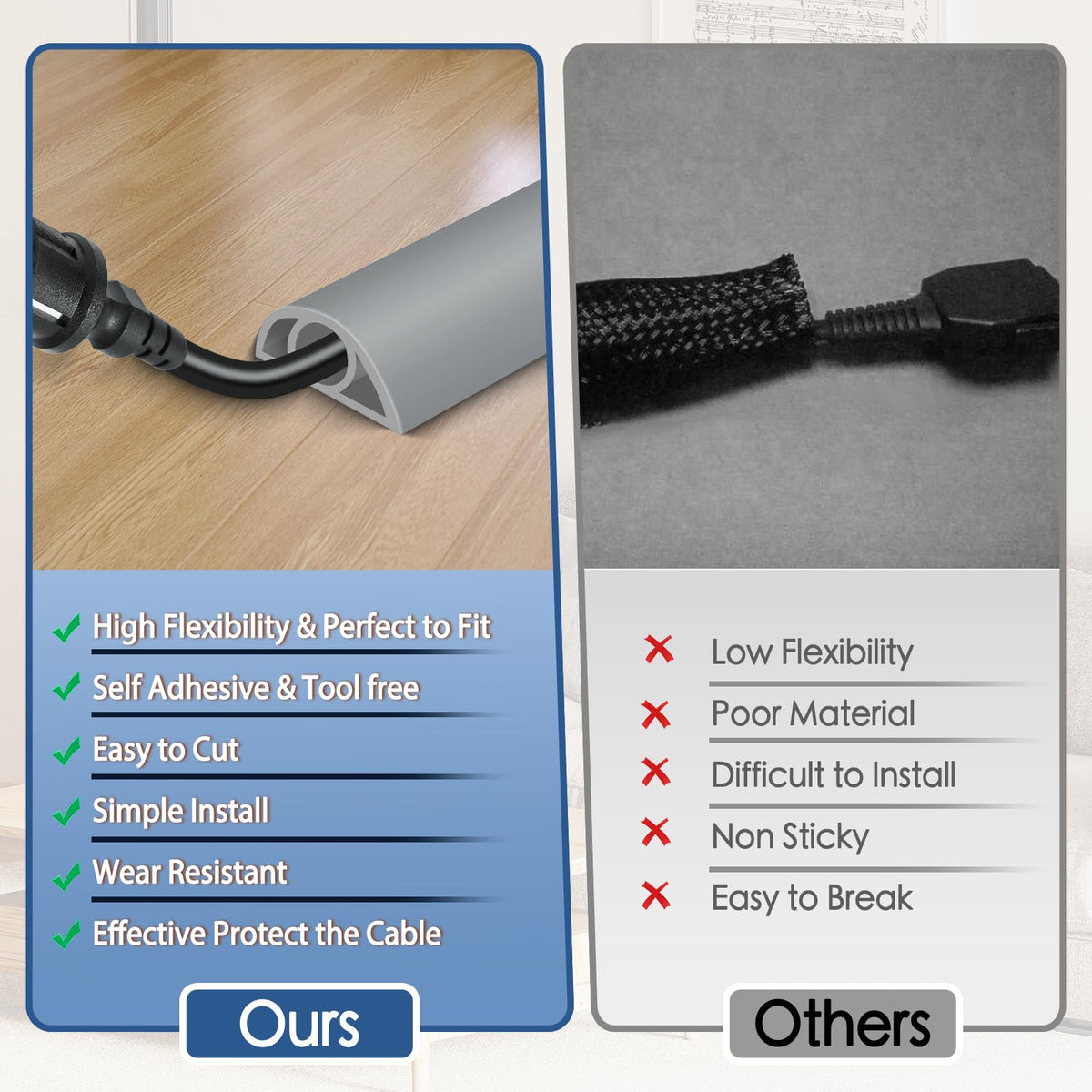 EYAYEN floor cord cover installs easily with powerful adhesive backing.