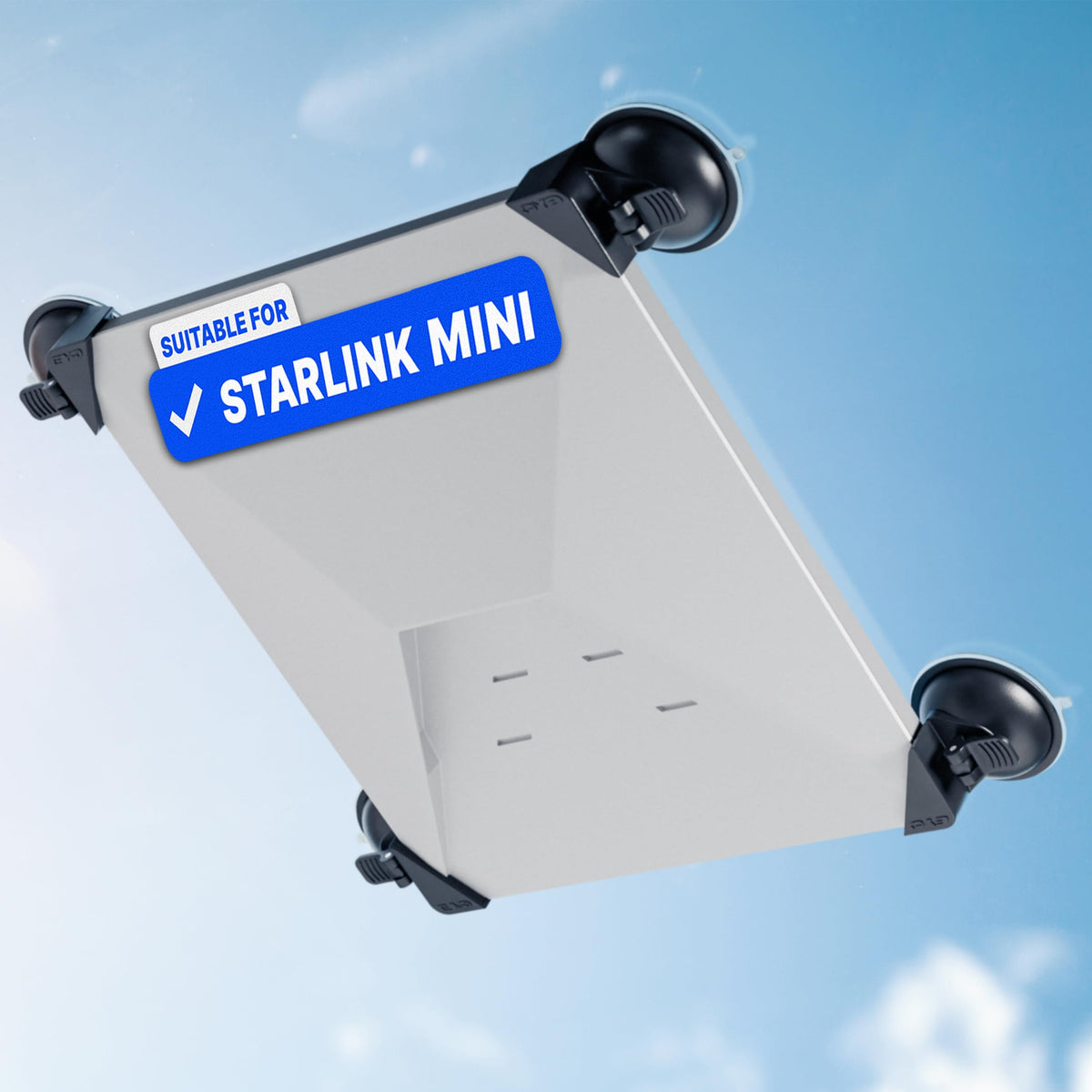 EYO suction cup mount secures Starlink Mini on a car window for travel.