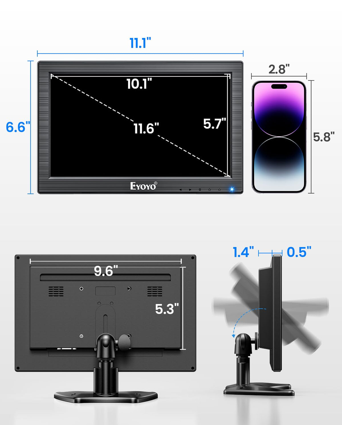 Eyoyo 12in monitor AV/VGA/HDMI ports enable multi-device use.