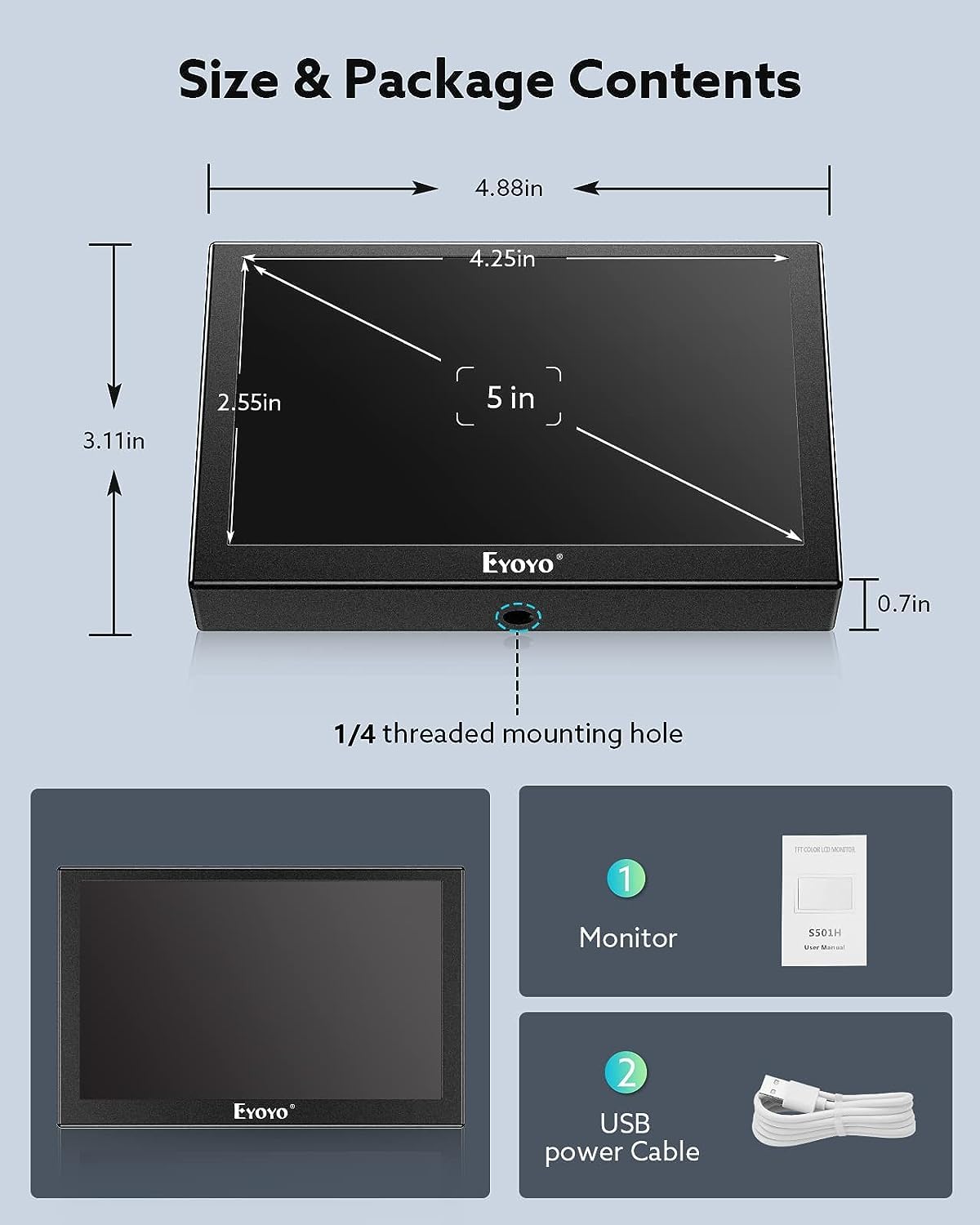 Eyoyo 5-inch monitor suitable for CCTV DVR DSLR usage with multiple inputs