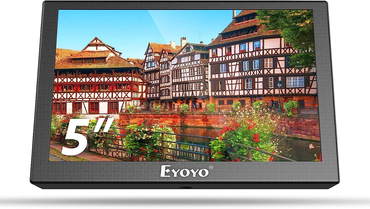 Eyoyo 5-inch monitor front view with HDMI/VGA/AV ports for versatile on-the-go viewing