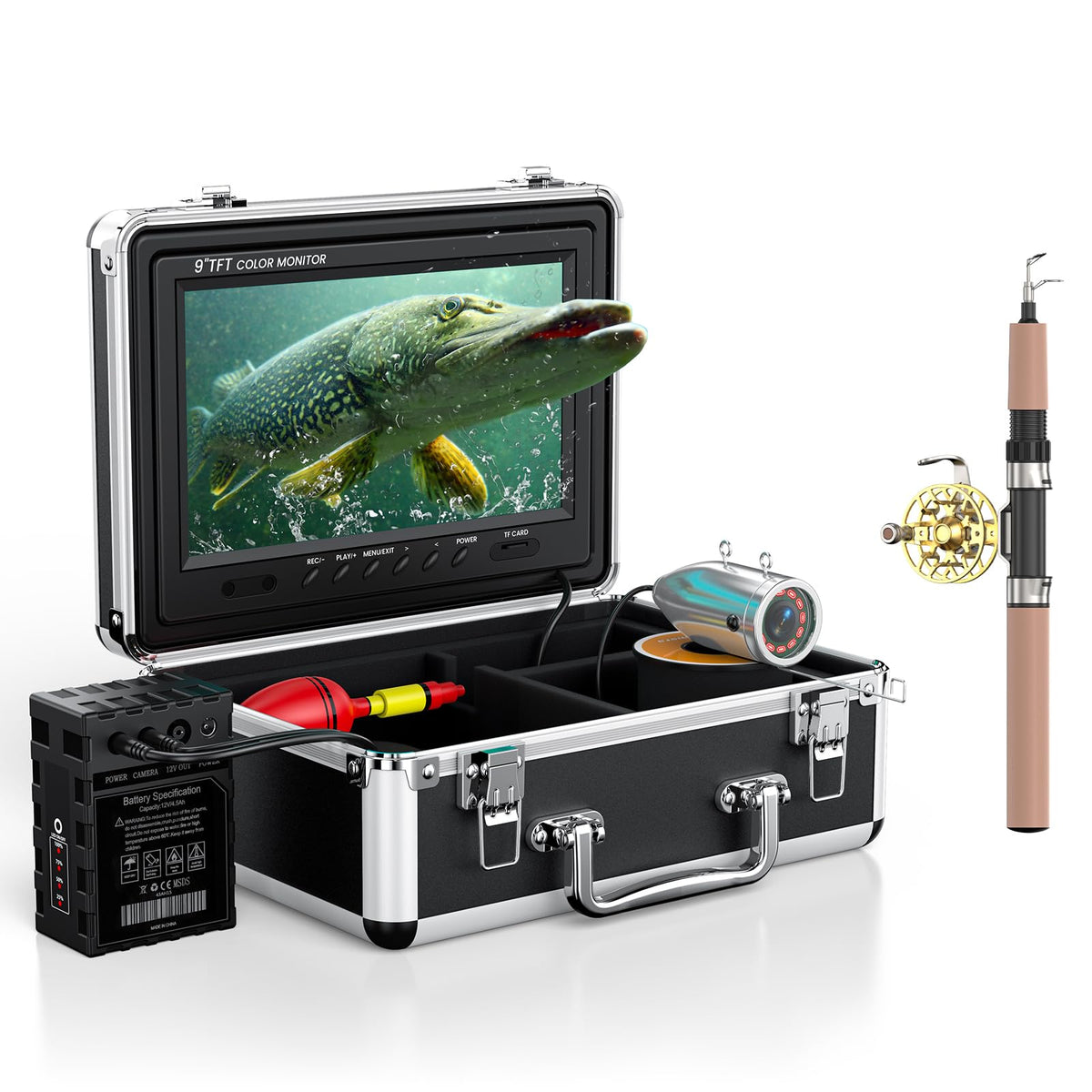Eyoyo underwater fishing camera with a 9-inch LCD monitor for clear viewing.