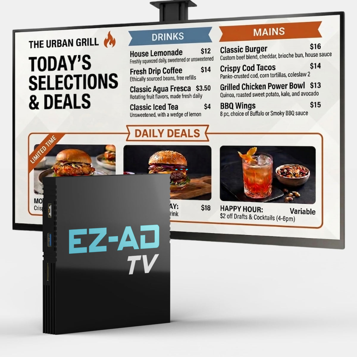 EZ-AD TV 4K signage player mounted on wall for crisp menus and dynamic promotions.