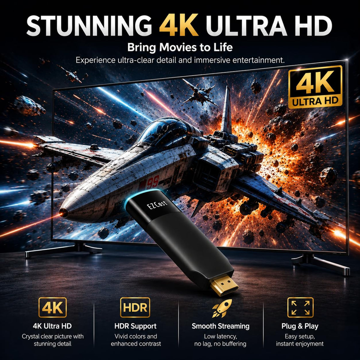 EZCast 2 dual-band WiFi supports 2.4GHz and 5GHz for smoother streaming.