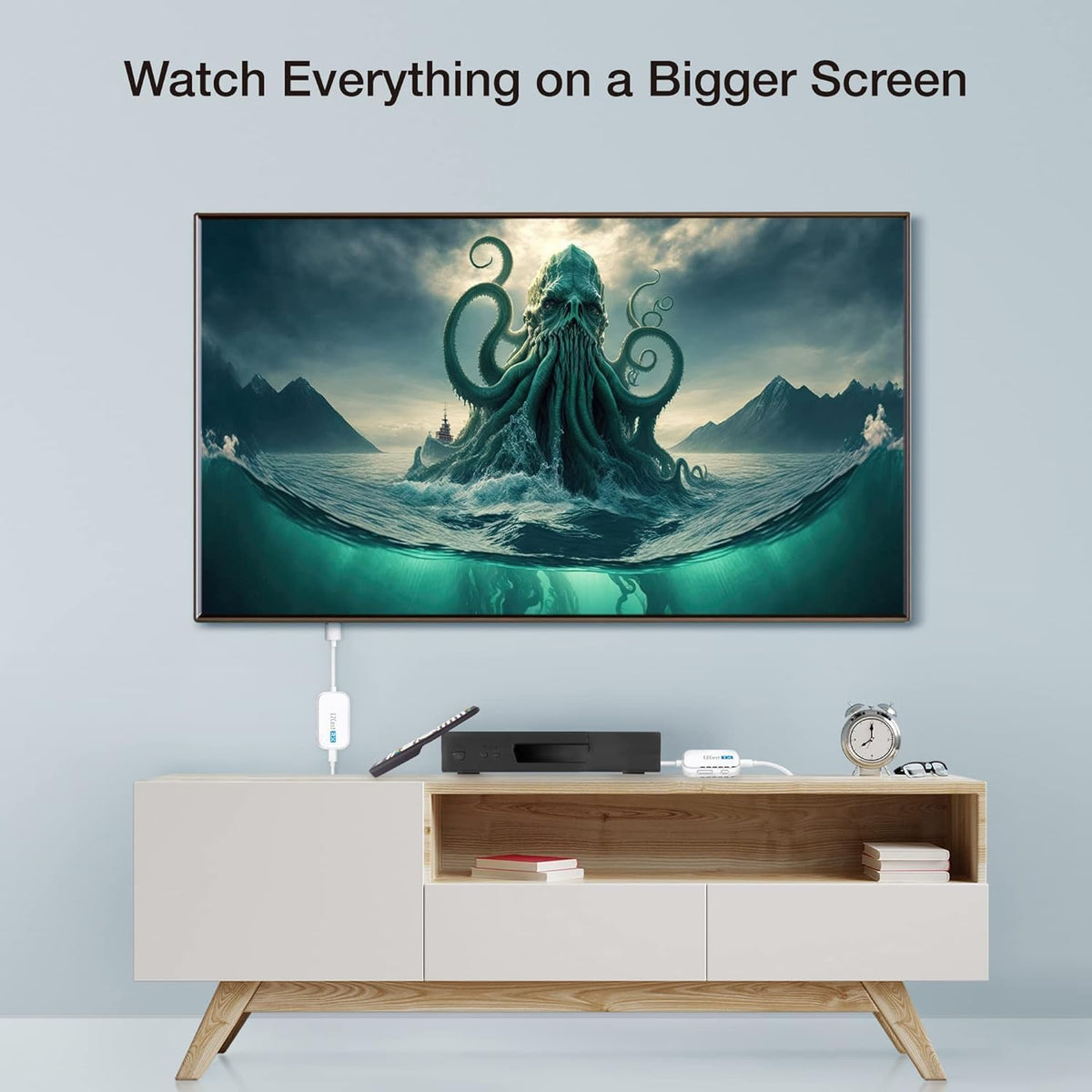 EZCast 30m range wireless connection illustrated in living room setup.