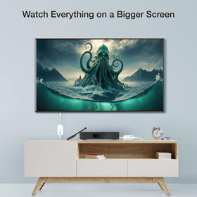 EZCast 30m range wireless connection illustrated in living room setup.