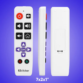 EZClicker remote image shows 2x AAA batteries required for operation.