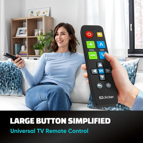 EZClicker big button remote back view, ergonomic grip for easy handling.