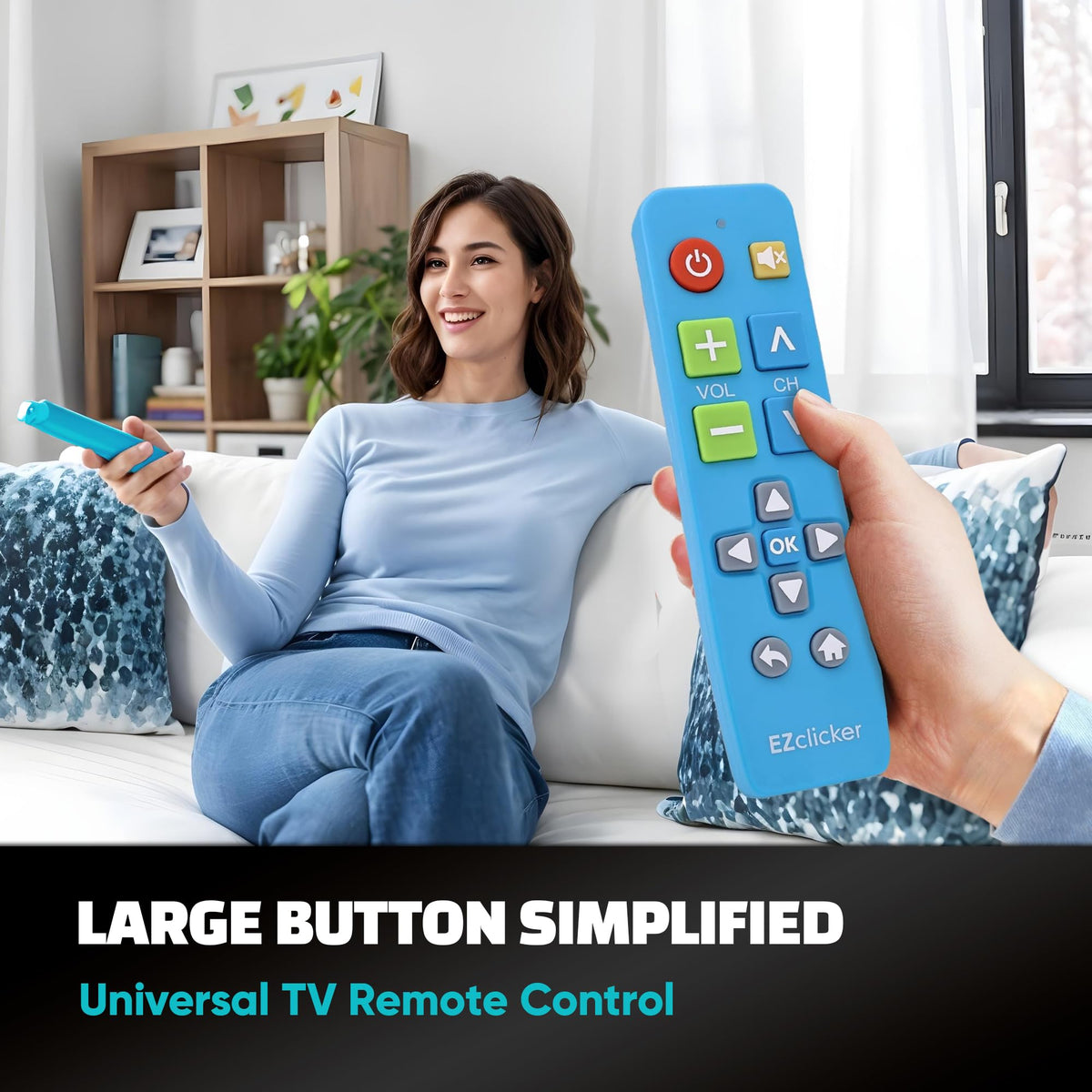 EZClicker big-button remote blue enter button close-up highlights large tactile control
