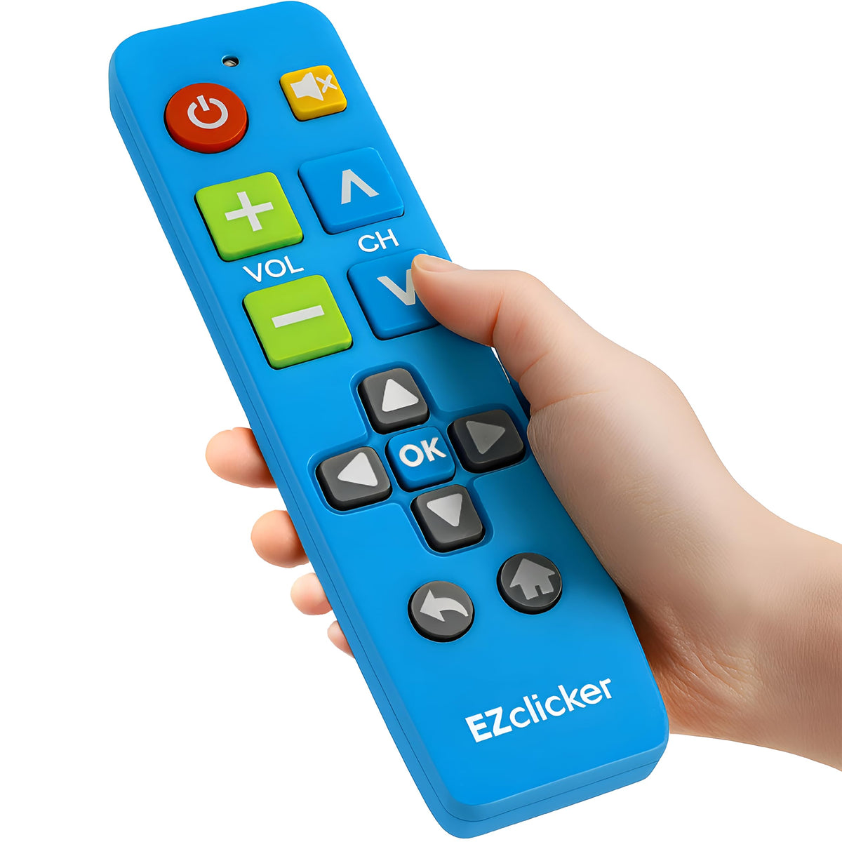 EZClicker big-button remote blue front view shows easy navigation for seniors