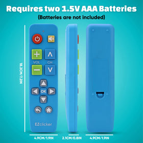 EZClicker big-button remote blue on living room table demonstrates accessible design