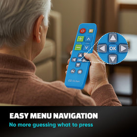 EZClicker big-button remote blue packaging with quick-start guide