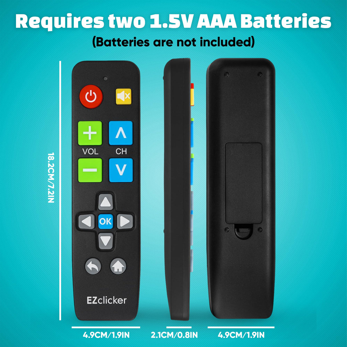 EZClicker big button remote dimensions 7x2x1 in, easy to store.