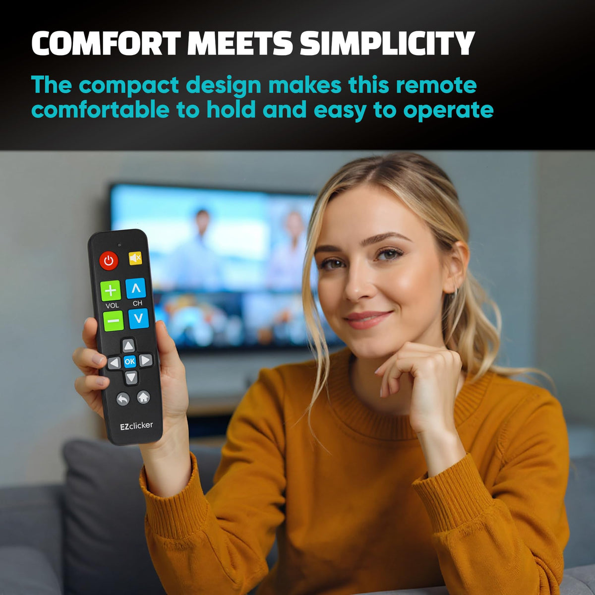 EZClicker big button remote in use by a senior, simplified TV navigation.