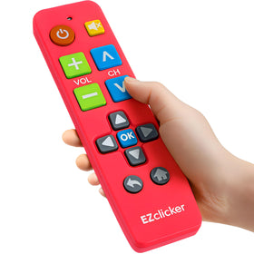 EZClicker Big Button Remote pink front view highlights oversized keys for easy navigation.