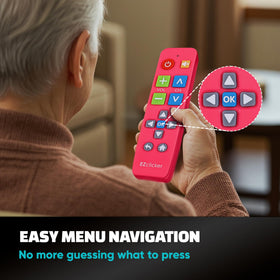 EZClicker pink remote presented as a gift-ready option for seniors.