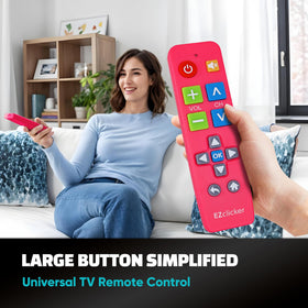 EZClicker pink remote in hand shows comfortable grip for seniors.