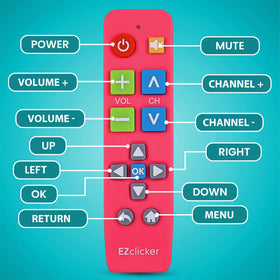 EZClicker pink remote shows simple programming steps for easy setup.