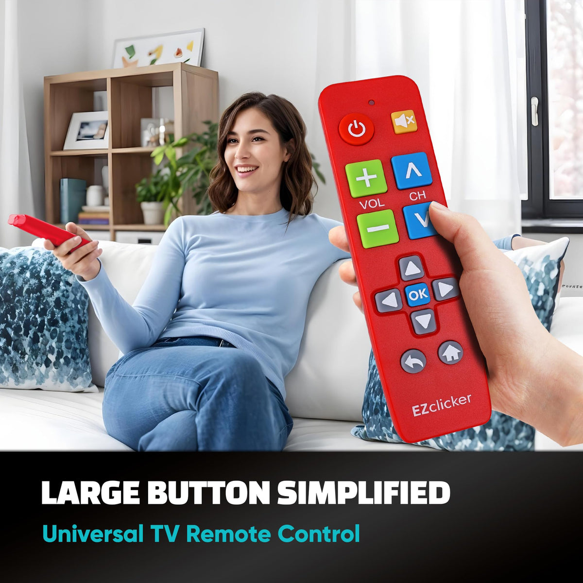 EZClicker Big Button Remote close-up of oversized enter button for easy navigation.