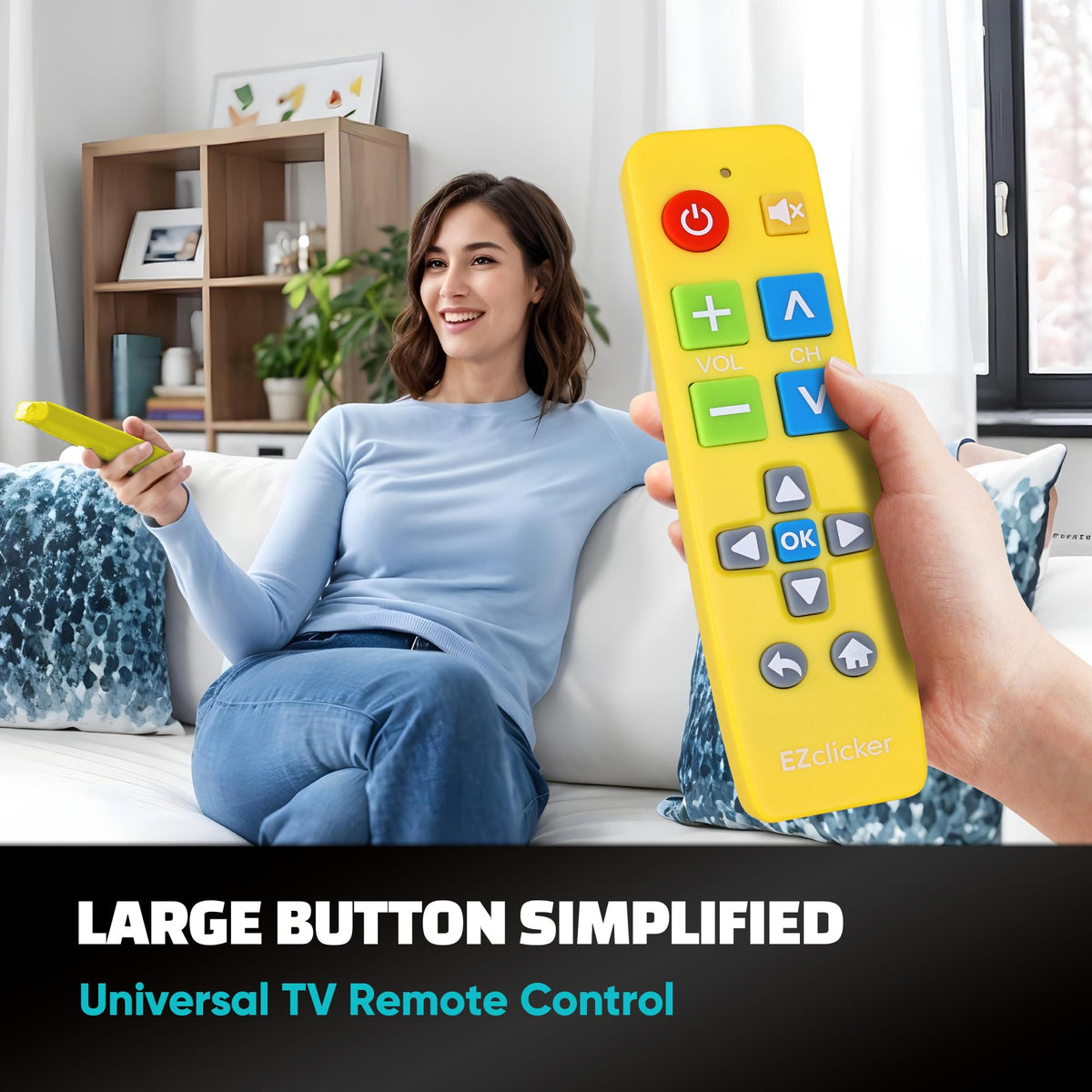 EZClicker yellow remote close-up showing oversized buttons for seniors