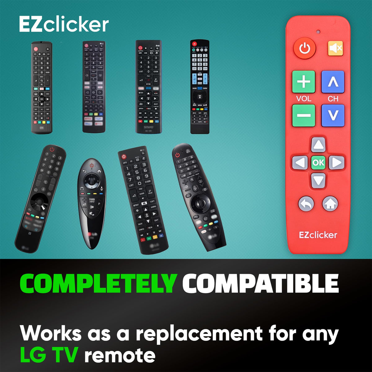 EZClicker LG red big-button remote battery compartment accessible design
