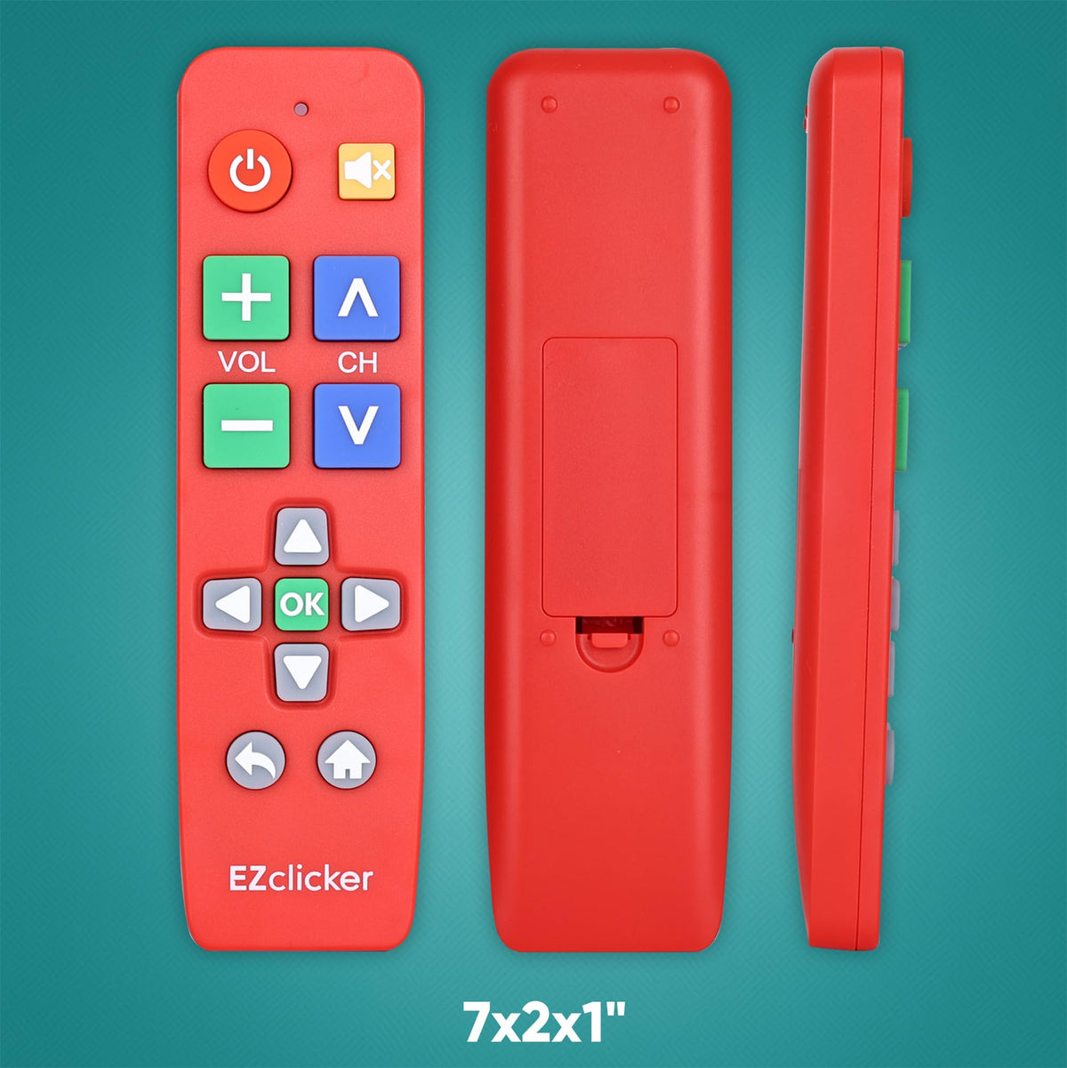 EZClicker LG red big-button remote compact size for easy storage