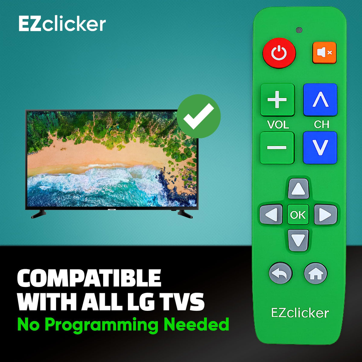 EZClicker LG green remote highlights ergonomic design for comfortable grip.