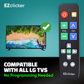 EZClicker LG remote angled view showing senior-friendly layout and controls.