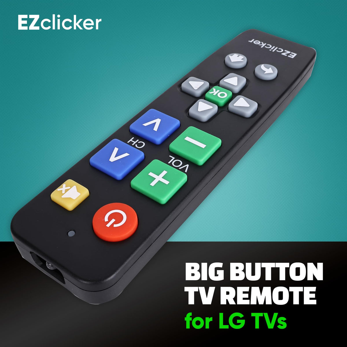 EZClicker LG remote back view highlighting oversized keys for tactile feedback.