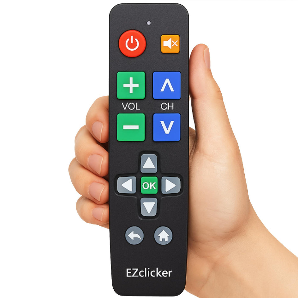 EZClicker replacement remote front view with big-button design for easy navigation.