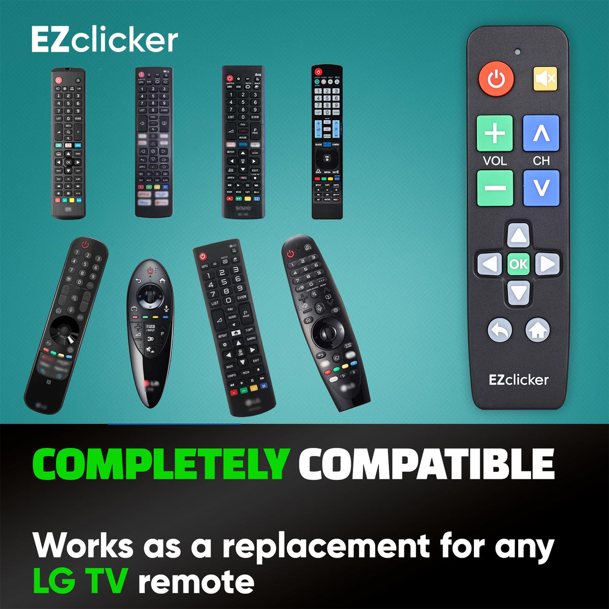 EZClicker LG remote packaging indicates gift-ready accessibility.
