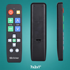 EZClicker remote held in hand demonstrating lightweight, easy-to-grip design.
