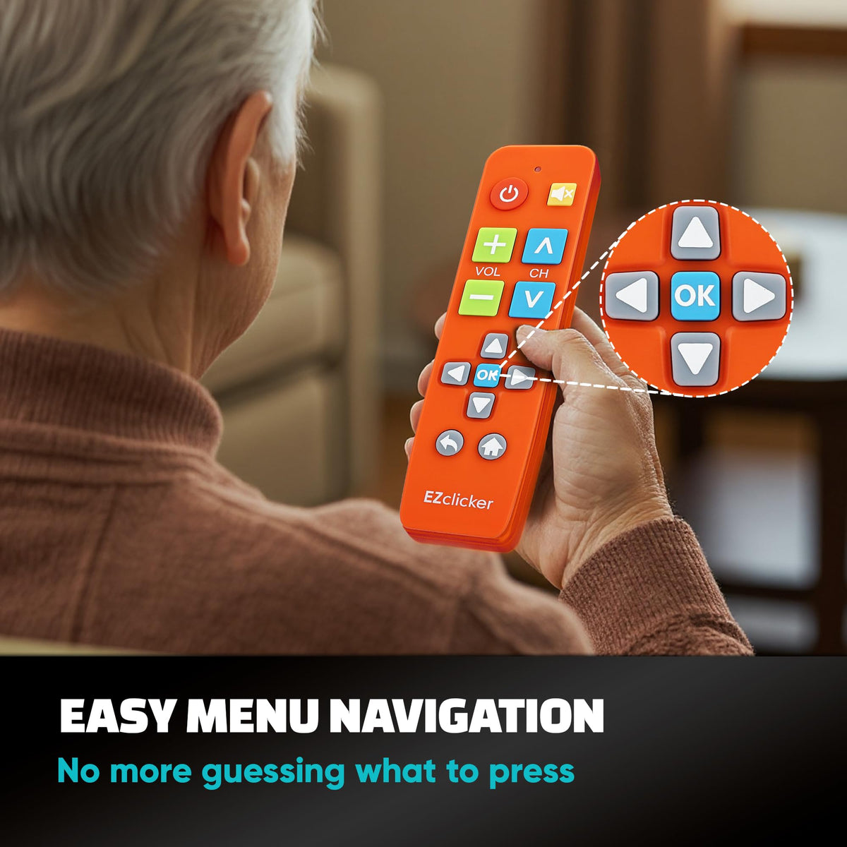 EZClicker orange remote shows 2x AAA batteries not included