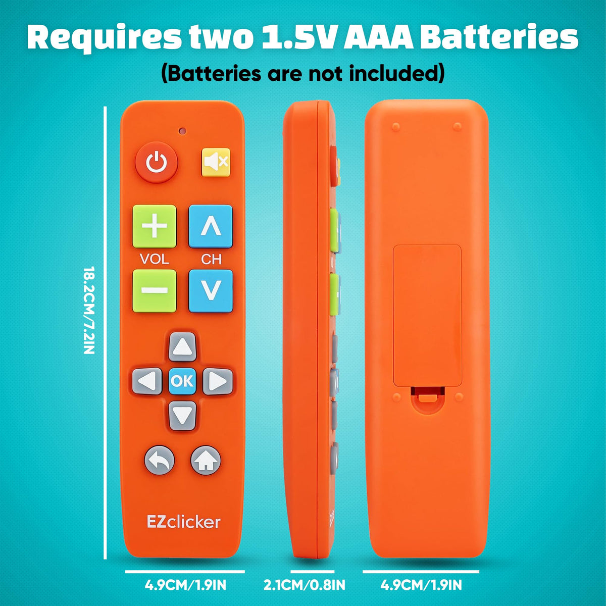EZClicker orange remote in living room with big screen