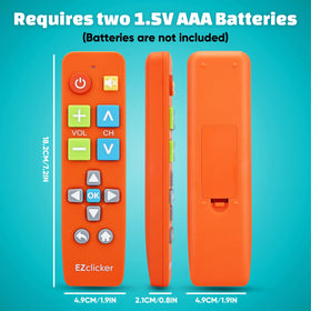 EZClicker orange remote in living room with big screen