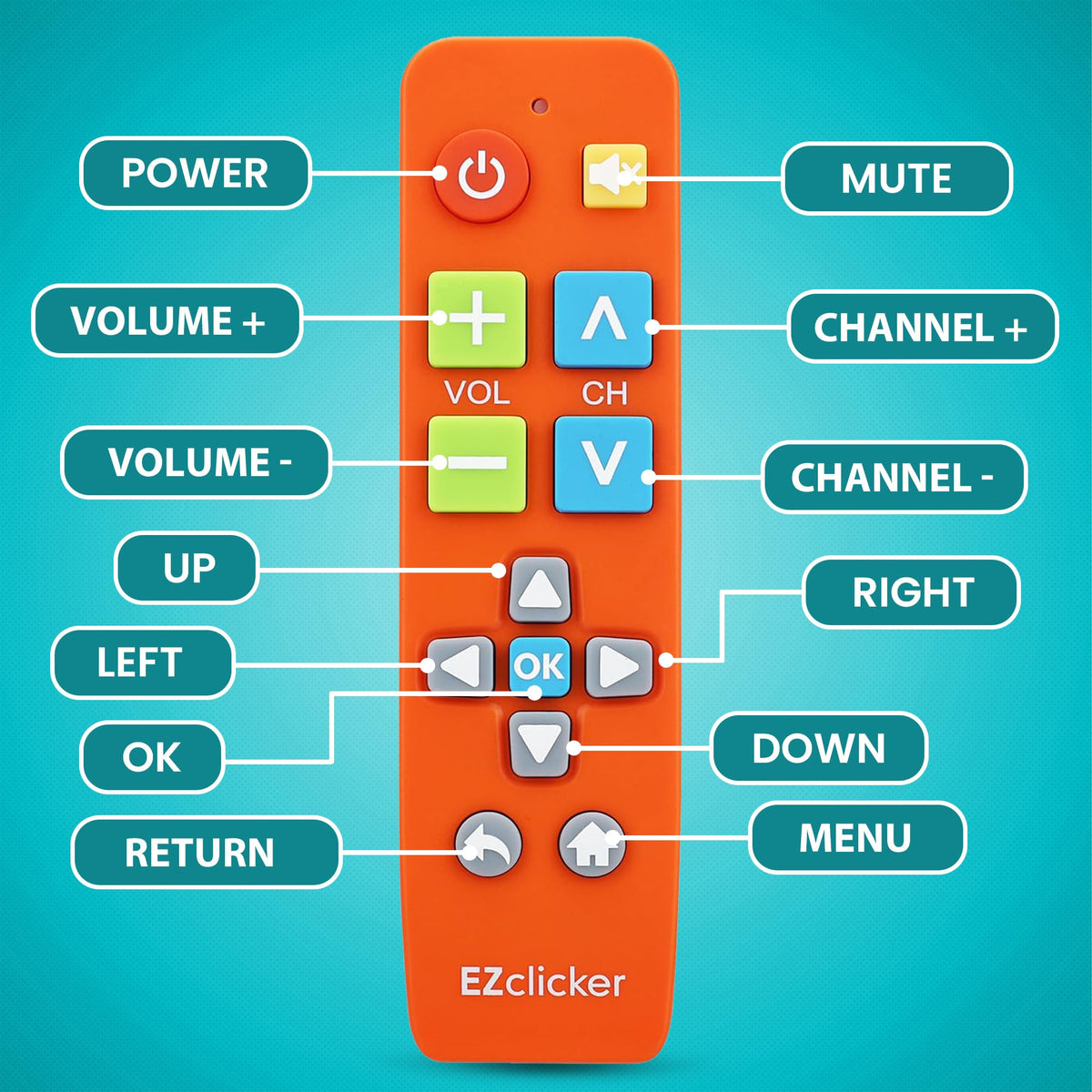 EZClicker orange remote on couch demonstrates convenient living room use