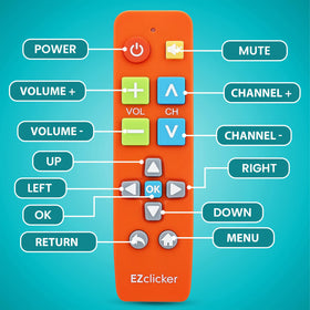 EZClicker orange remote on couch demonstrates convenient living room use