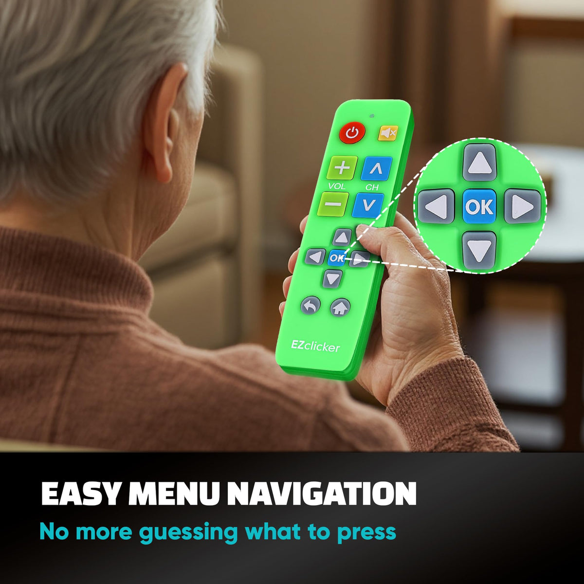 EZClicker remote Green not-for-cable-box visual showing compatibility limits