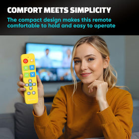 EZClicker remote in hand illustrating easy grip for seniors