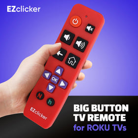 EZClicker Roku remote close-up of large buttons aids seniors.