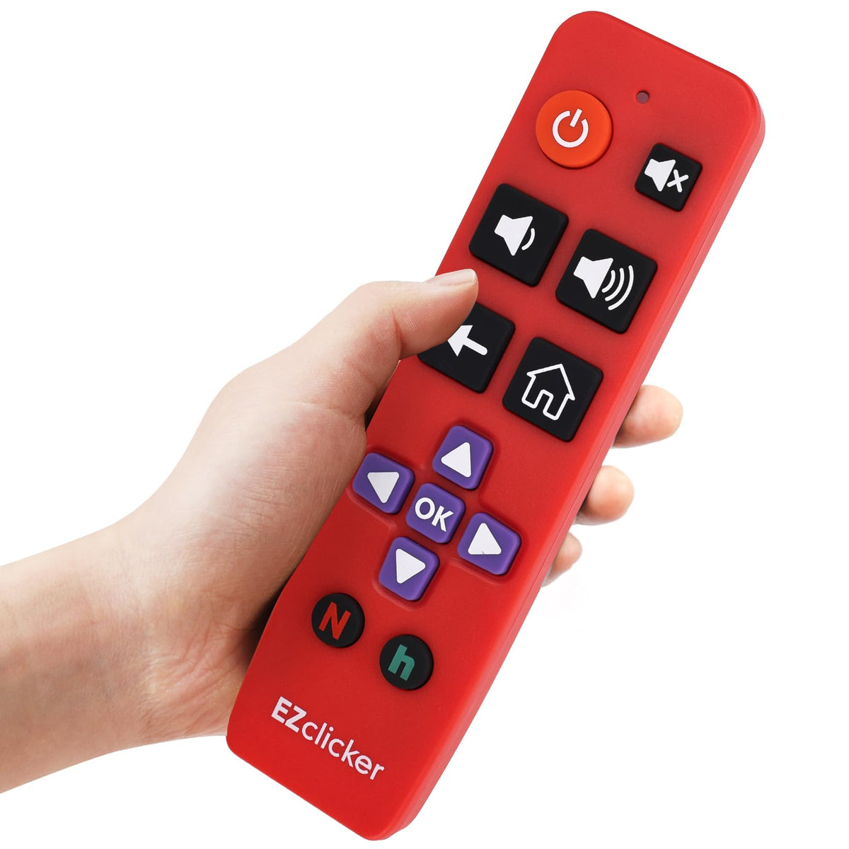 EZClicker Roku big-button remote front view for effortless control.