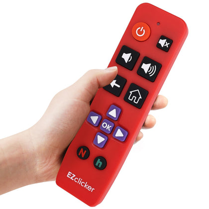 EZClicker Roku big-button remote front view for effortless control.