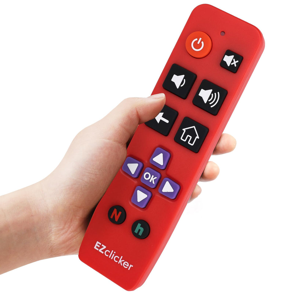 EZClicker Roku big-button remote front view for effortless control.