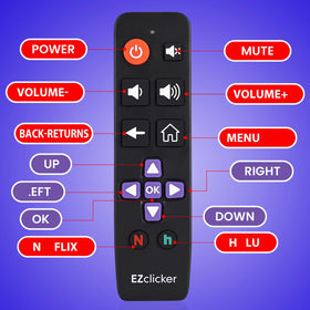 EZClicker Roku remote shows battery compartment requiring two AAA batteries.