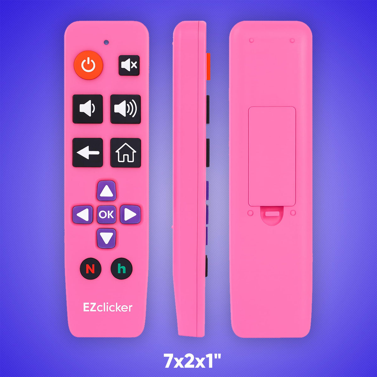 EZClicker Roku remote battery information: requires 2x AAA batteries.