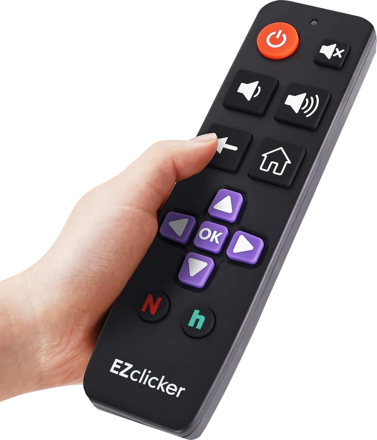 EZClicker Roku remote front view with oversized buttons for easier use.