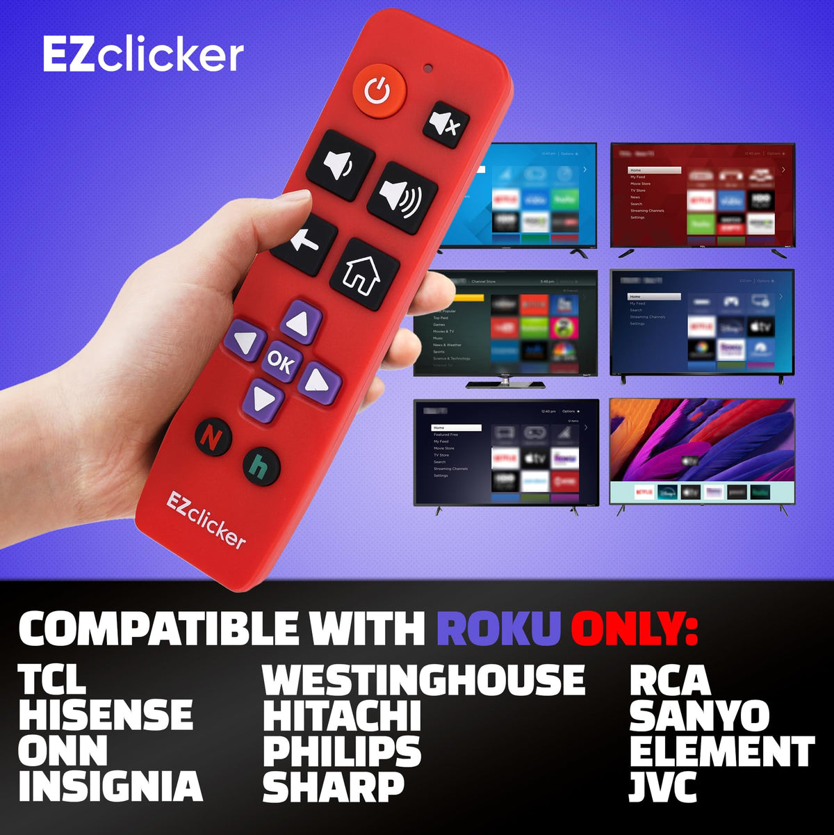 EZClicker Roku compact-size remote fits neatly on a TV stand.